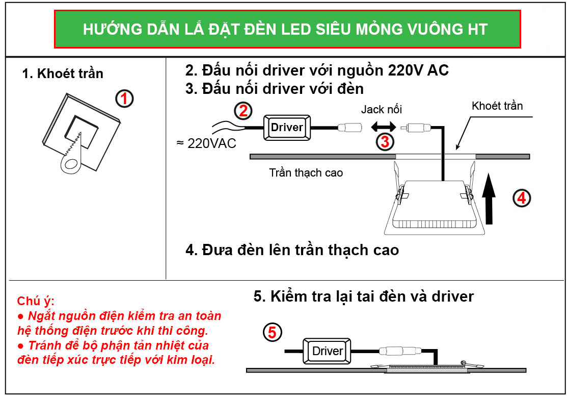 hướng dẫn lắp đặt đèn LED âm trần siêu mỏng vuông